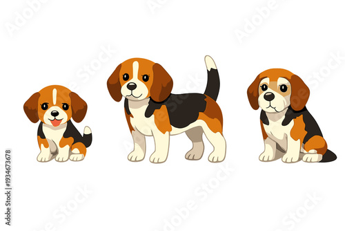 Three cartoon beagle dogs in different poses showing friendship and