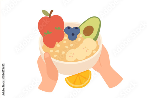 Bowl of oatmeal with fruits and nuts held by hands on a white