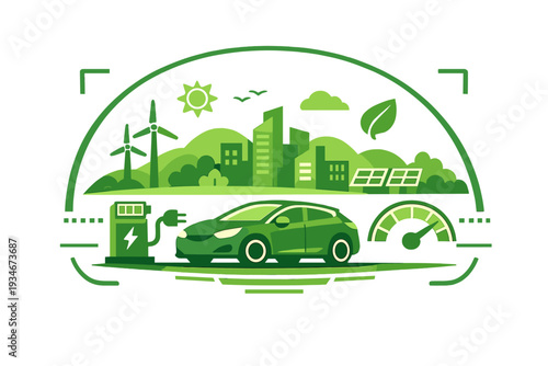 Electric car charging station with a city skyline and renewable energy