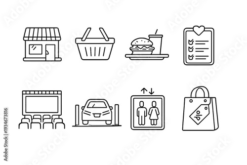 Icons showing different aspects of shopping dining and entertainment