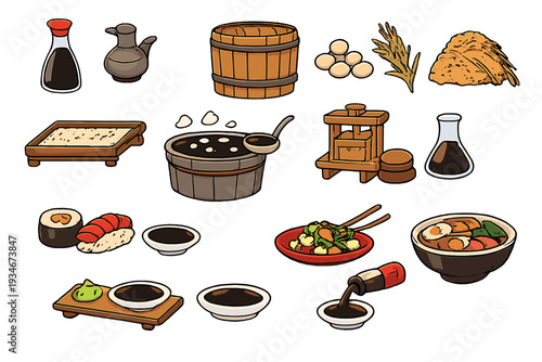Cooking tools and ingredients for preparing traditional dishes in a