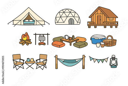 Camping setup with tents seating and fire for outdoor activities at a