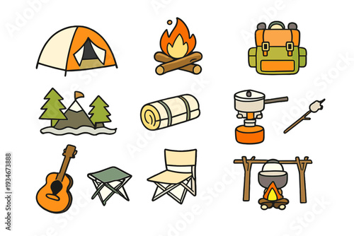 Camping gear and activities with tent campfire and outdoor items for a