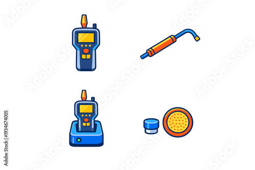 Different types of testing and measuring tools are shown on a white