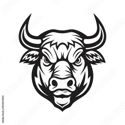 Intimidating black and white bull portrait displays fierce eyes and powerful horns clearly