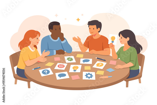 Group of friends gather around a table to brainstorm ideas using cards