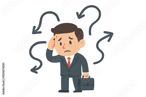 Man in suit looks confused while holding briefcase and thinking about