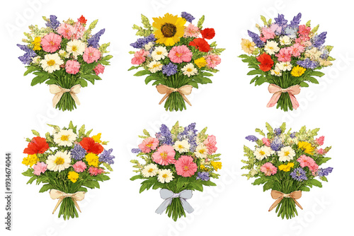 Colorful flower bouquets arranged with different flowers and tied with