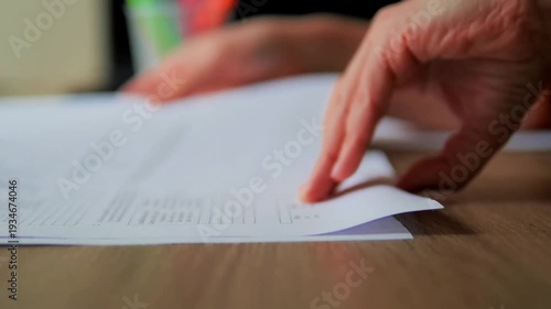 Hand Turning Pages of Documents on Desk — 6x Slow Motion Close-Up Office Study
