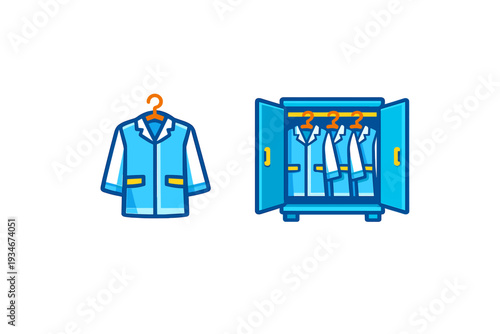 Collection of blue jackets on hangers inside wardrobe in simple design