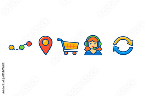 Icons representing shopping location customer service and recycling