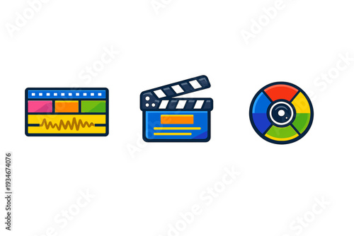 Different tools for video editing in bright colors showing timeline