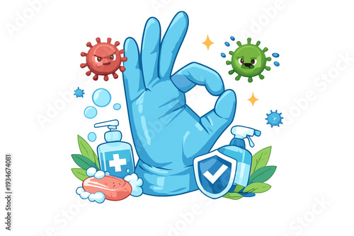Graphic showing hand in glove with cleaning items and virus symbols