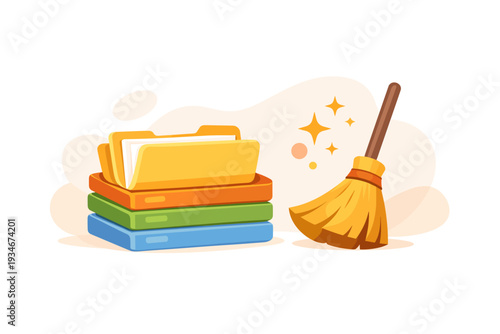 Stacks of colored folders next to a broom with sparkles in an office