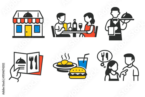 Restaurant scene with diners ordering food and enjoying drinks at a