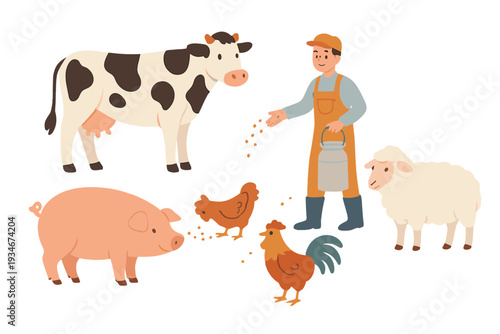 Farmer feeding animals in a farm setting with cows pigs chickens and