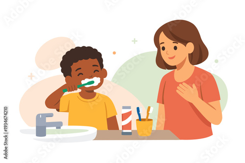 Child brushes teeth with adult watching in bathroom during morning