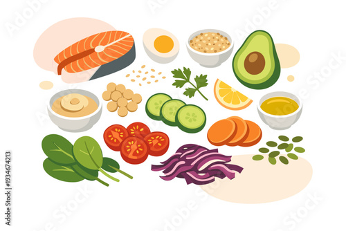 Various fresh ingredients displayed on a table for preparing a healthy