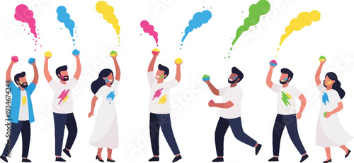 Diverse young people celebrating Holi festival throwing vibrant colorful powder clouds in the air, group of happy friends playing with colors, Indian Holi celebration vector illustration.