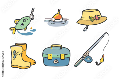 Fishing gear collection including a fish bobber hat boots tackle box