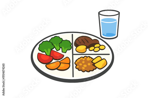 Healthy meal with vegetables meat grains and a glass of water served