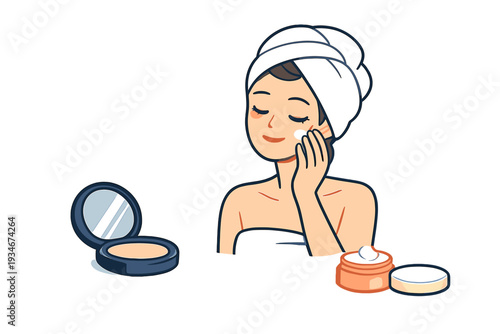Woman applies skincare and makeup while preparing for her day in
