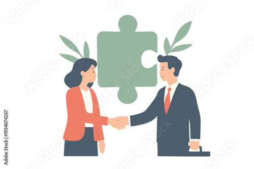 Business partners shake hands in front of a puzzle piece representing