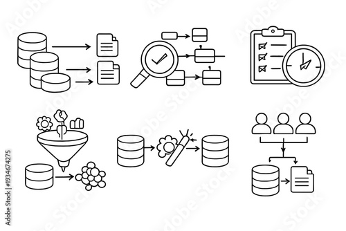 Visual representation of data processing steps showing database