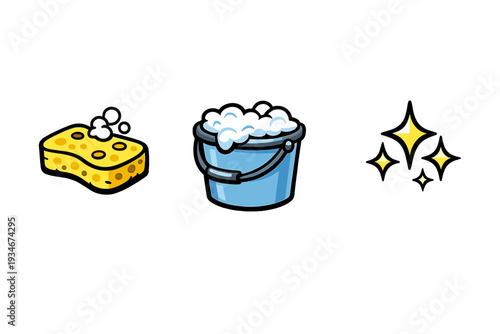Cleaning supplies shown with a sponge a bucket and bubbles creating a
