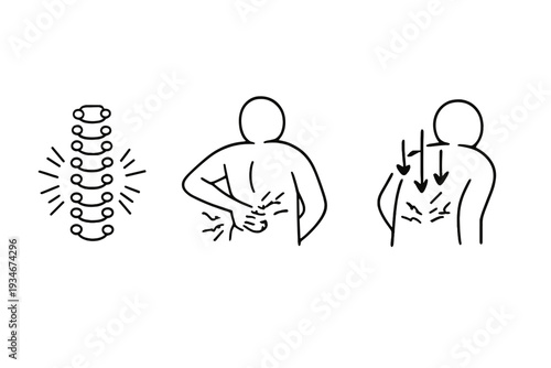 Illustrations showing human spine back pain signs and movement