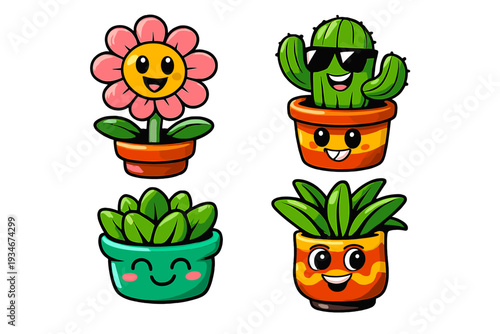 Cute cartoon plants in pots showing various designs and expressions
