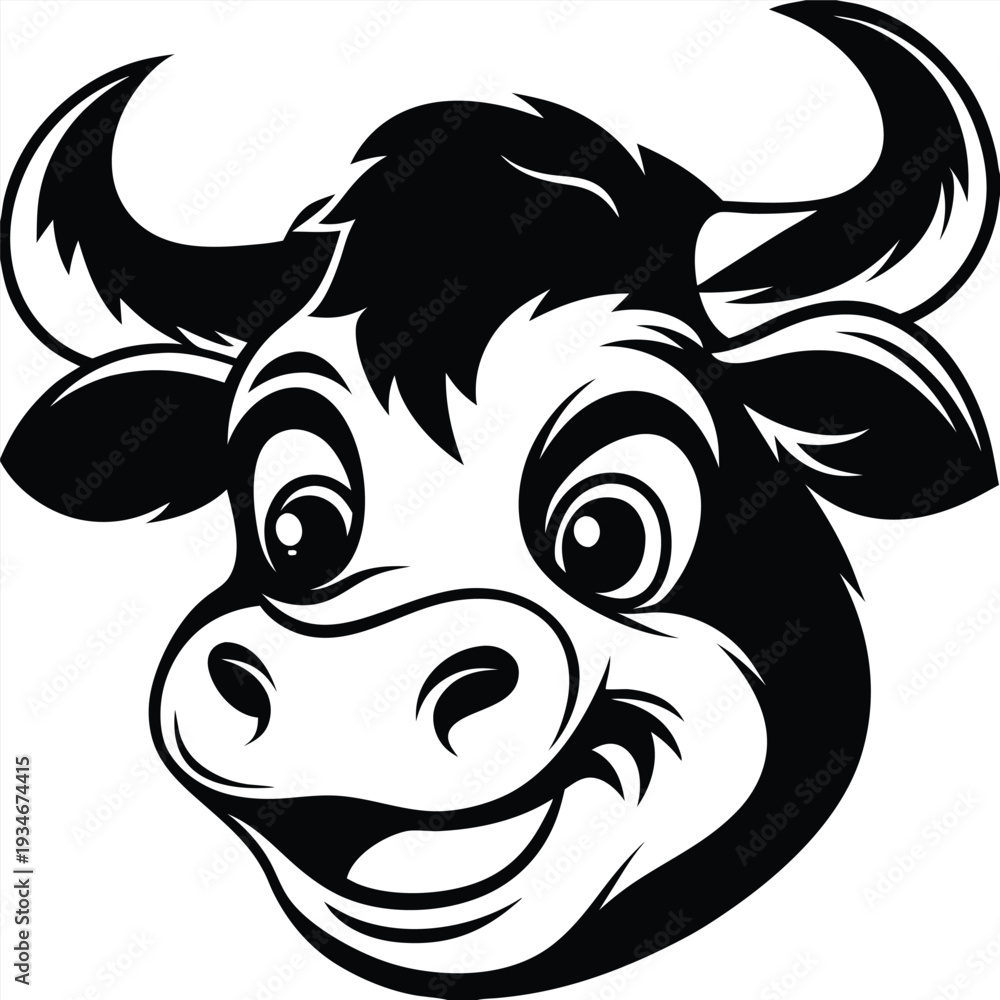Obraz premium Charming cartoon cow with a kind face stands innocently, its design in striking monochrome