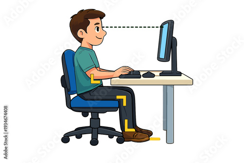 Guide for proper sitting posture at a computer desk for better comfort