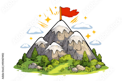 Mountain landscape with snow caps and a red flag flying on top during