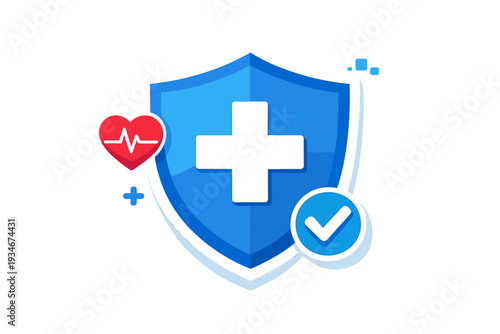 Health protection symbol with heart and check mark in blue and red