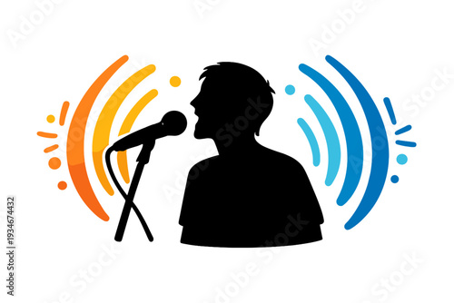 Person singing at a microphone with sound waves in a performance