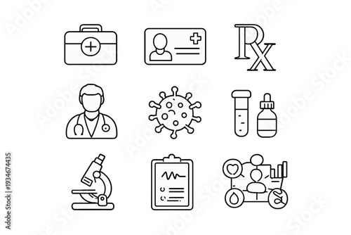 Medical symbols and icons showing healthcare items and concepts in a