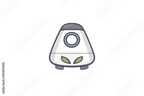 Small device shaped like a spaceship with a round window and two eyes