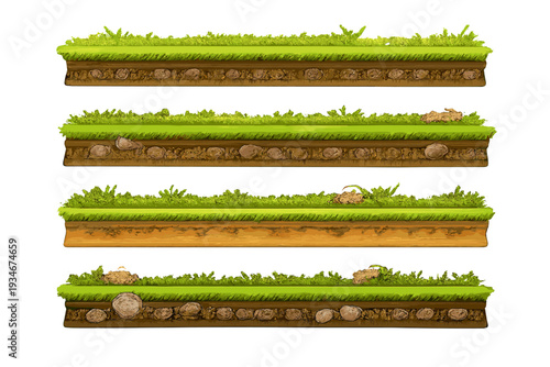 Different layers of soil display grass and rocks in a simple design