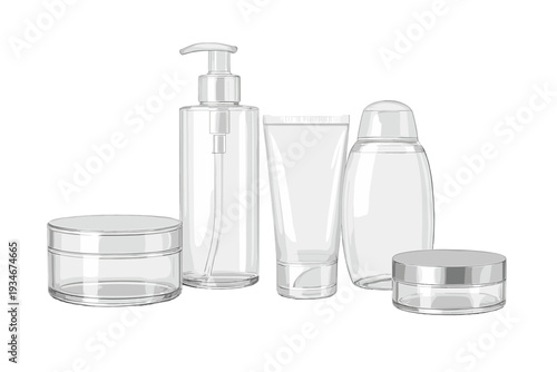 Collection of clear bottles and jars for cosmetic and skincare
