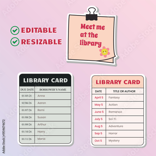 Library Card Template Vector Set, Editable Vintage Borrower Card Design, Cute Reading Theme Illustration, Cute Library Card Sticker Design