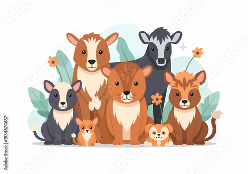 Group of Cartoon Farm Animals Together.