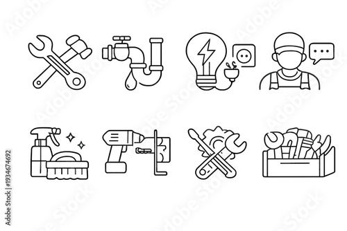Icons of home repair tasks including plumbing electrical work and