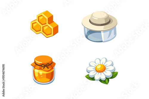 Collection of honey hat jar and flower displayed on a white background