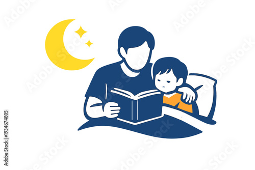 Reading a bedtime story to a child at night in a cozy room with stars