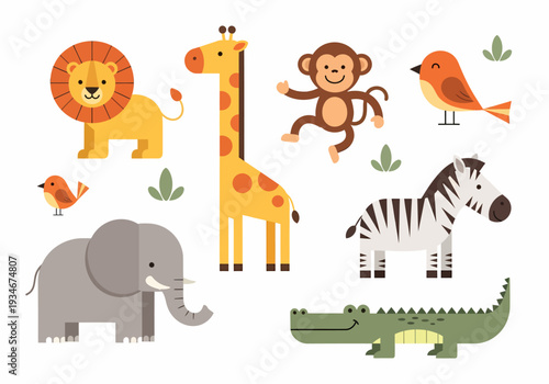 Cartoon Animals Including Lion Elephant and Giraffe.