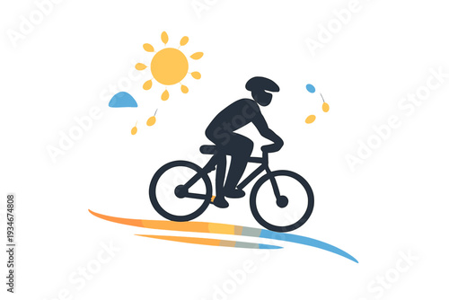 Person riding a bicycle in a sunny outdoor setting with simple clouds