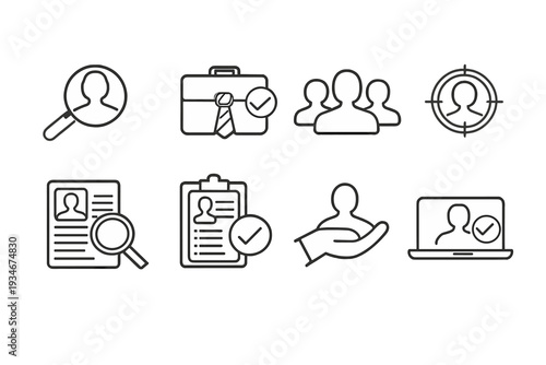 Icons showing different aspects of recruitment and job searching in a