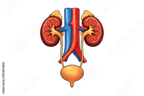 Diagram showing the human urinary system with detailed parts including
