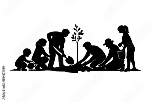 Group of people planting a tree together in a community effort during